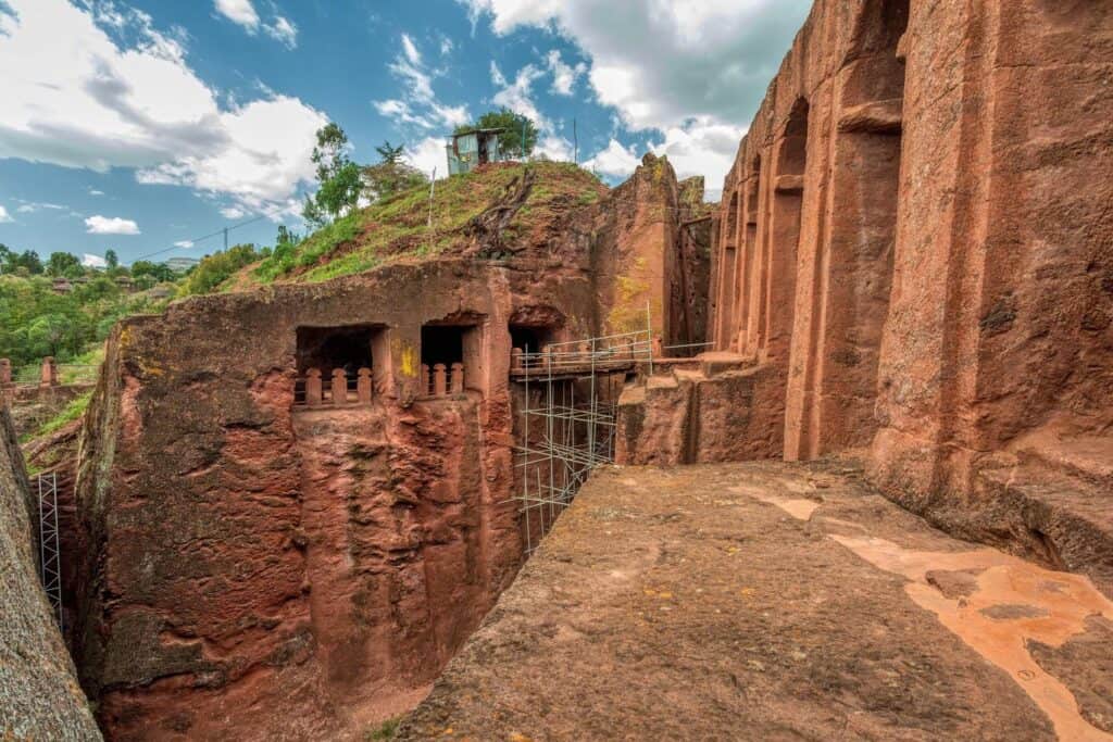 Side view of Ancient Rock Churches of Lalibela, Ethiopia