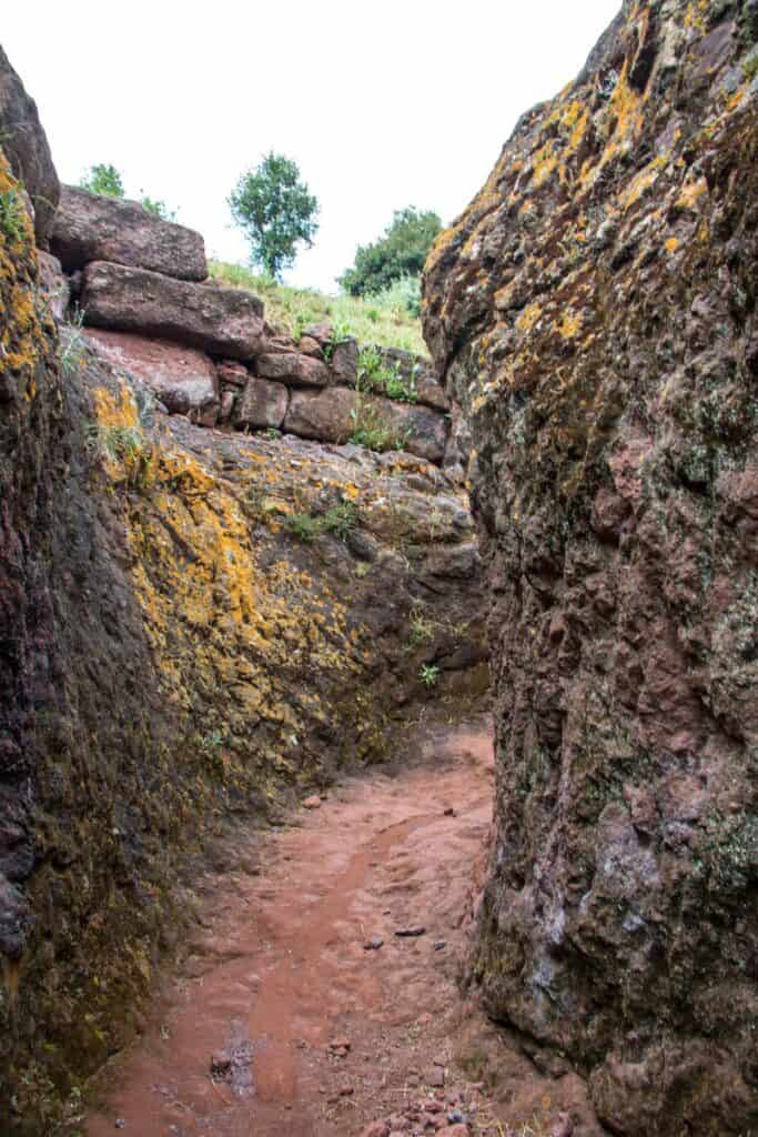 Pathway dug into rock leading to Rock  Churches of Lalibela Ethiopia