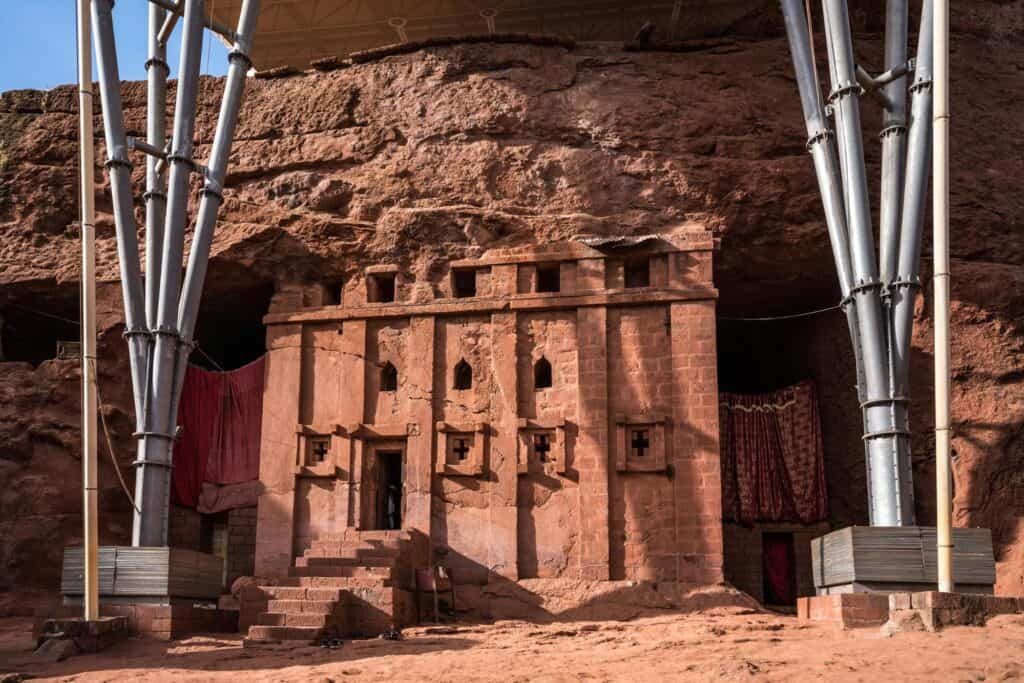 Front view of Ancient Rock Churches of Lalibela, Ethiopia