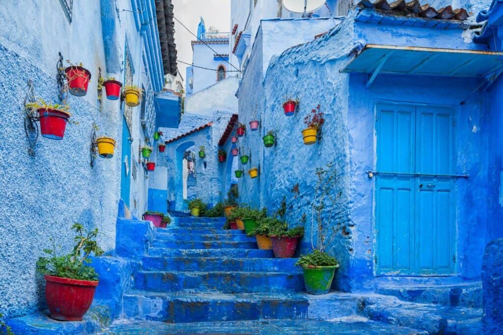 Street staircase in The Blue City of Chefchaouen, Morocco